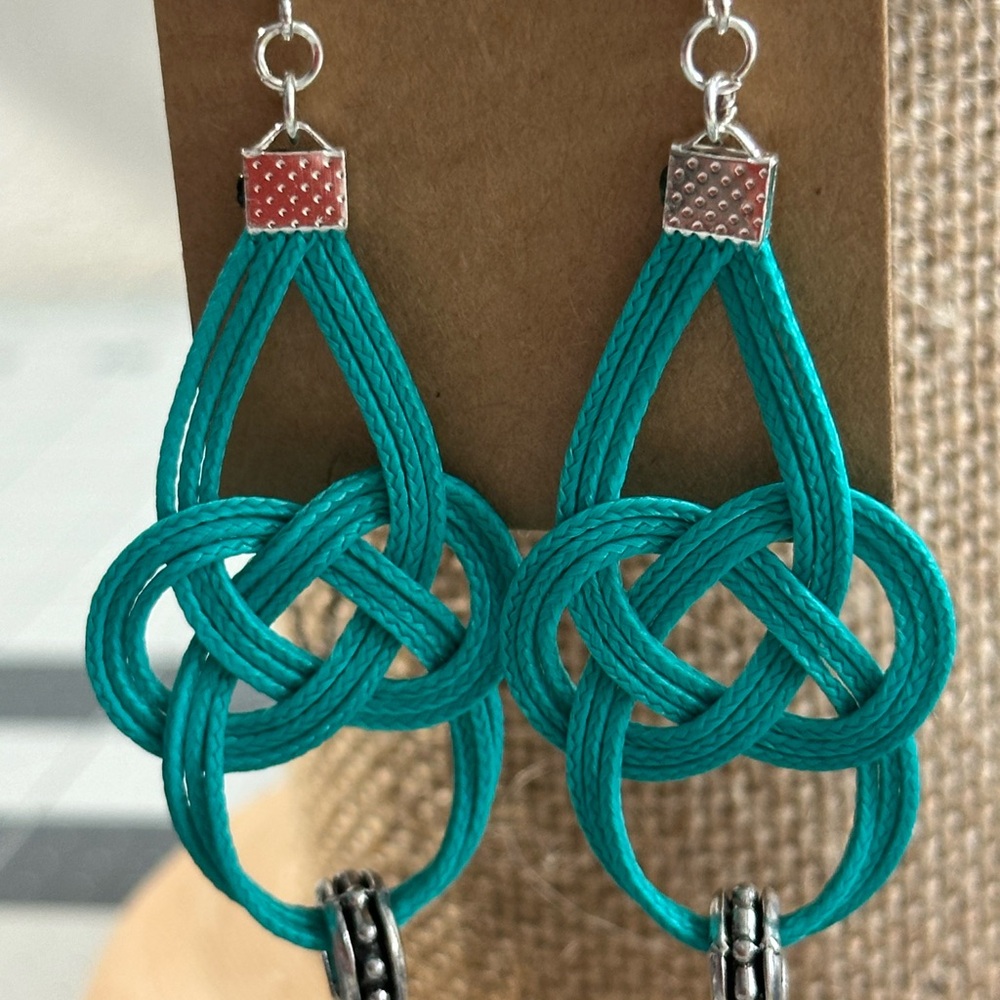 Hand Crafted Turquoise Knot Earrings with Silver Accents - Picture 3 of 6
